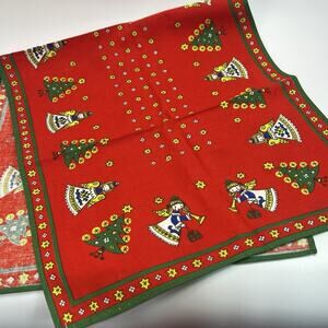 Vintage KOLF Austria Christmas Table Runner Red Angels Trees Cotton 16x34" NEW